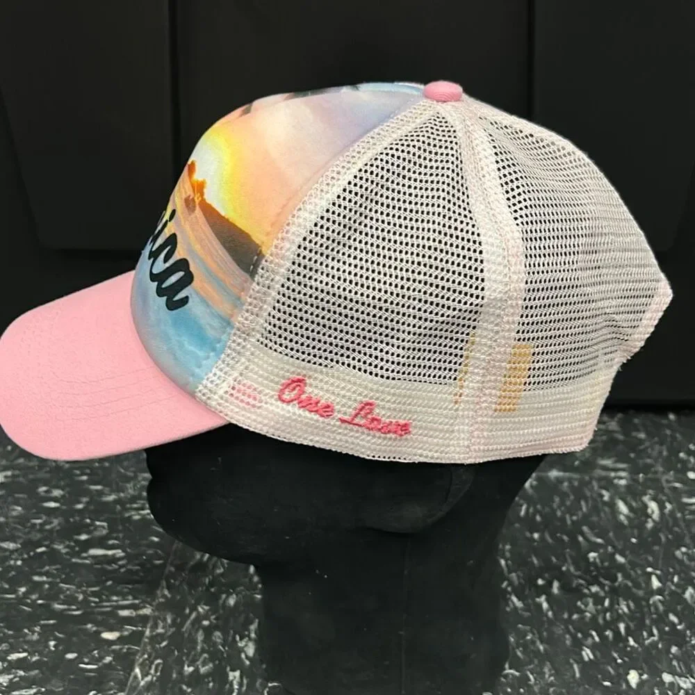 Jamaica Snapback Trucker Hat Pink White Sunset Palm Tree Beach One Love
